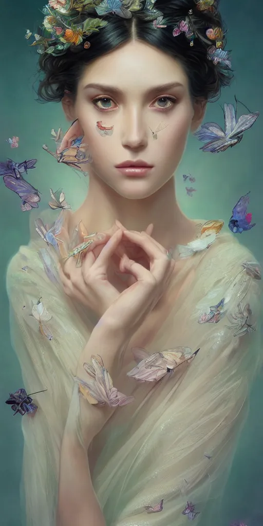 Prompt: beautiful, young woman, extremely detailed gorgeous face, sad eyes tears, vaporwave aesthetic, synthwave long luxurious gown made our of pearls, digital art, flowers, butterflies, birds, painting, artstation, concept art, smooth, sharp focus, illustration, art by artgerm and greg rutkowski and alphonse mucha