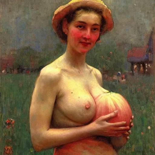 Image similar to A woman holding two melons to her chest, modest, 1950s, americana, award-winning, suburban, by Ilya Repin