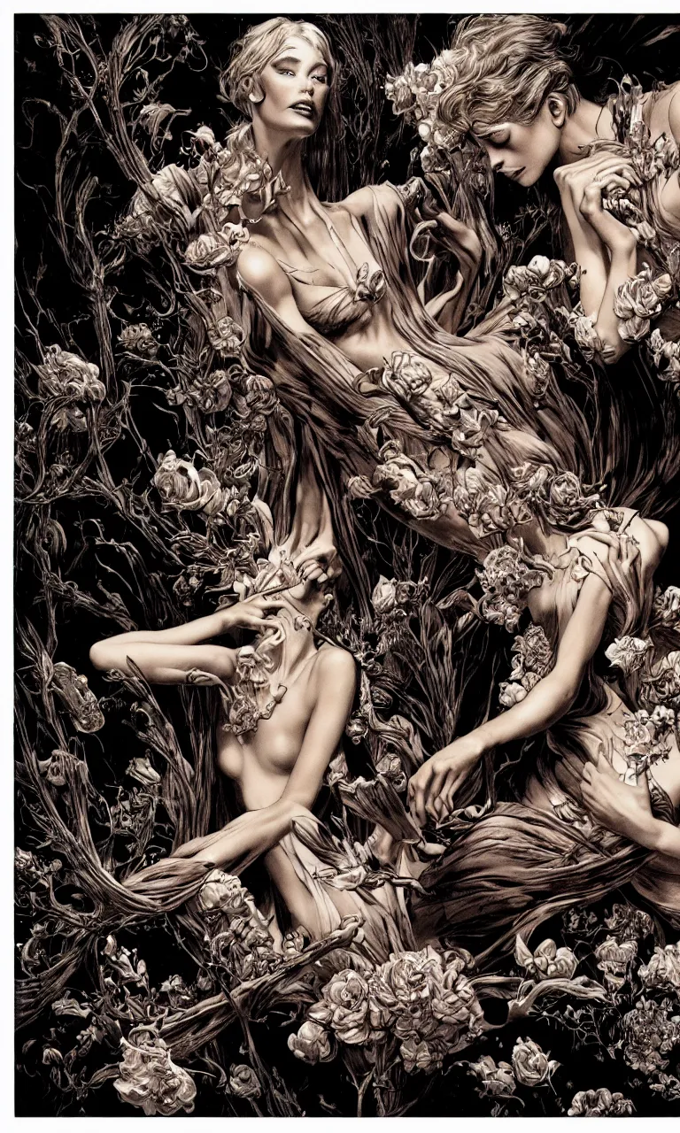 Image similar to fragrance advertising campaign by bernie wrightson, highly detailed