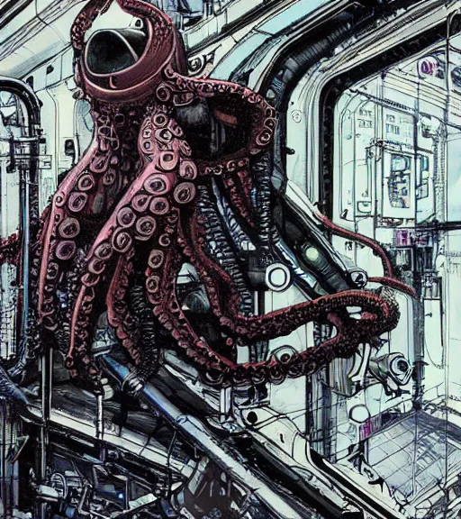 Image similar to a cybernetic realistic octopus in a space station, techwear, Industrial Scifi, detailed illustration, character portrait, by Ashley Wood and Moebius