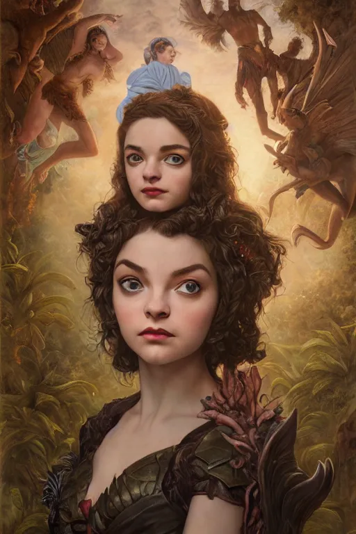 Image similar to A fantasy comic book style portrait painting of Anya Taylor-Joy, Joey King, as an Atlantean Reptilian Warrior, François Boucher, Oil Painting, Mystical Valkyrie, unreal 5, DAZ, hyperrealistic, octane render, Regal, Refined, Detailed Digital Art, RPG portrait, William-Adolphe Bouguereau, Michael Cheval, Walt Disney (1937), Steampunk, dynamic lighting, Highly Detailed, Cinematic Lighting, Unreal Engine, 8k, HD