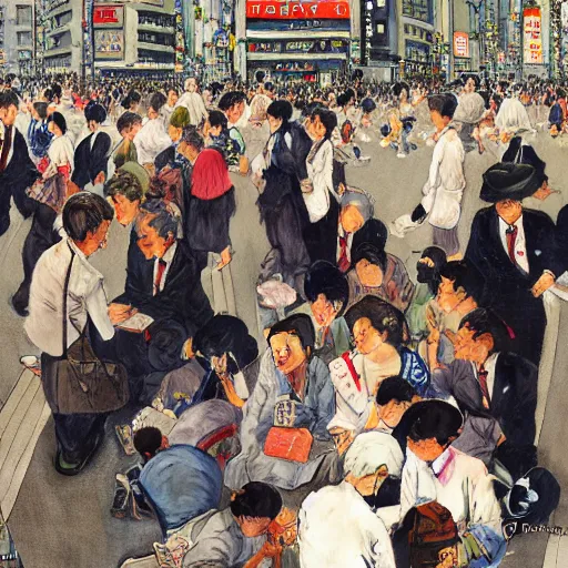 Image similar to Tokyo's Shibuya Crossing painted by Norman Rockwell