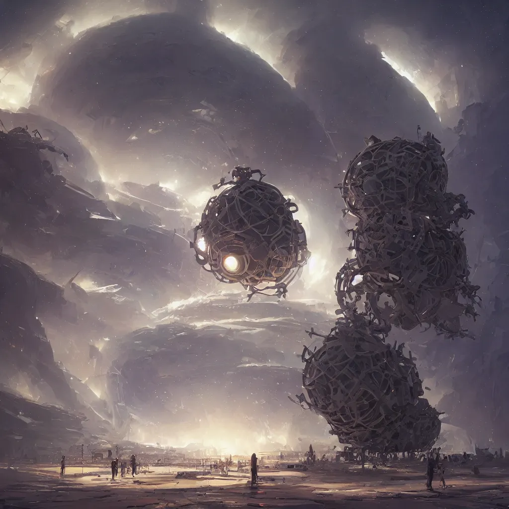 Image similar to dyson sphere program, by greg rutkowski, by rhads, by jesper ejsing, so many wires, sharp focus, man standing, colony, atom