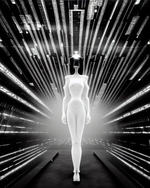 Image similar to black and white high quality photo of a beautiful female AI vegetal-cyborg looking into a sci-fi mirror, volumetric lighting, liminal space, brutalism, foggy, dreamy, hyperdetailed, bokeh, photorealistic, cinematic, masterpiece, Metropolis, Fritz Lang, elegant, dark, by Man Ray in the style of Horst P. Horst, octane render, 8K,