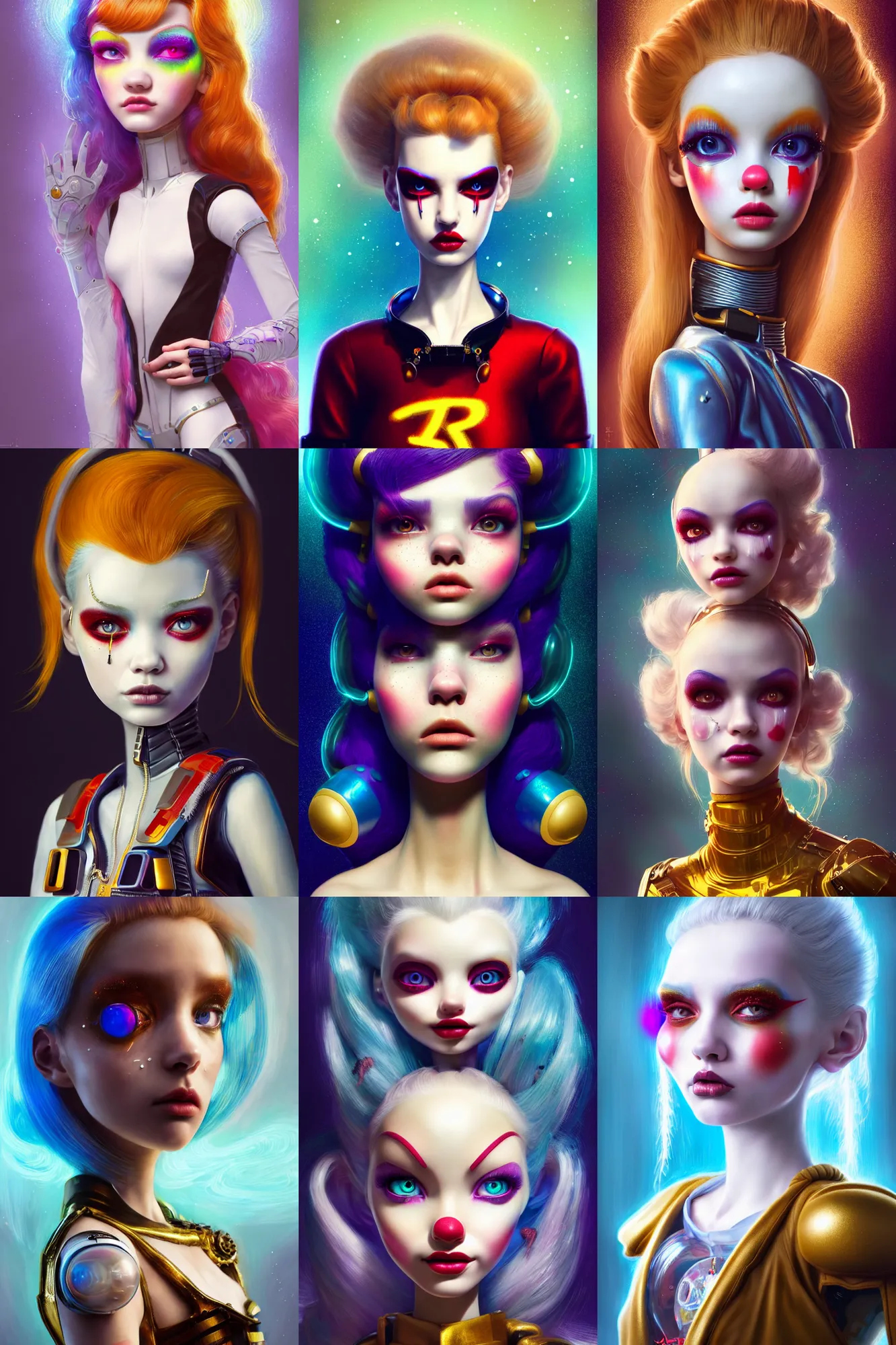 Prompt: pixar portrait 8 k photo, beautiful shiny white porcelain rich galactic punk clowncore russian cyborg college girl, golden ratio details, sci - fi, fantasy, cyberpunk, intricate, decadent, highly detailed, digital painting, ever after high, octane render, artstation, concept art, smooth, sharp focus, illustration, art by artgerm, loish, wlop