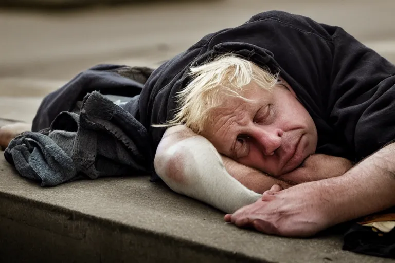 Image similar to closeup portrait of homeless boris johnson sleeping under a london bridge, natural light, sharp, detailed face, magazine, press, photo, steve mccurry, david lazar, canon, nikon, focus