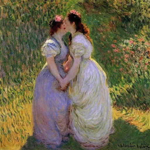 Prompt: of two young beautiful woman kissing under a three by the river by claude monet