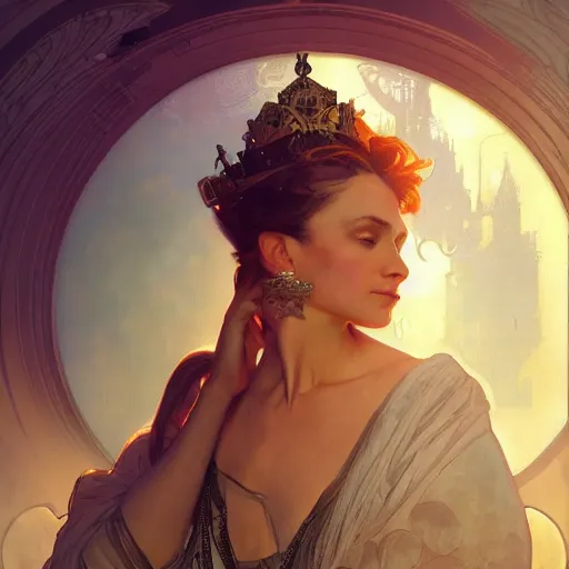 Prompt: a Portrait of A queen whose body radiates holy light by greg rutkowski and alphonse mucha,In style of digital art illustration.WLOP.hyper detailed,smooth, sharp focus,trending on artstation,4k