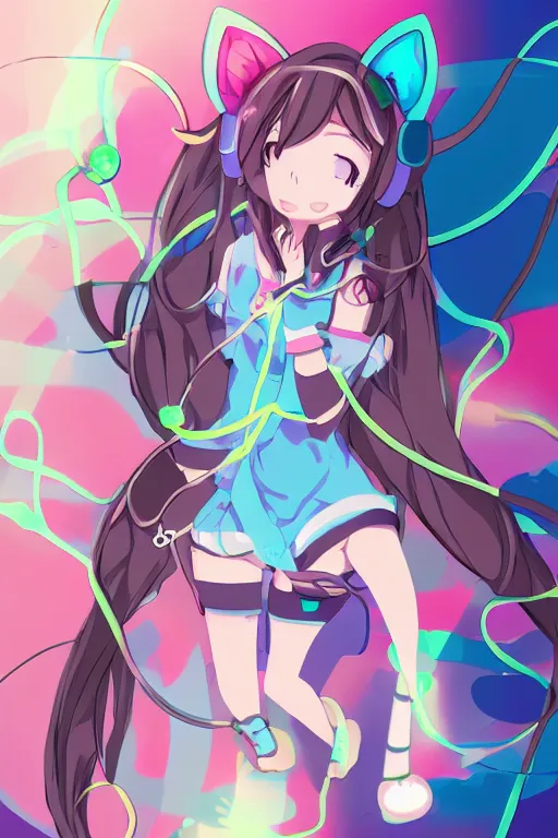 Image similar to an anime catgirl listening to music on headphones, candy pastel, backlighting, trending on pixiv