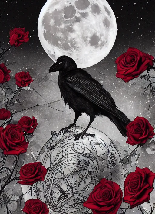 Image similar to portrait, A crow with red eyes in front of the full big moon, book cover, red roses, red white black colors, establishing shot, extremly high detail, foto realistic, cinematic lighting, pen and ink, intricate line drawings, by Yoshitaka Amano, Ruan Jia, Kentaro Miura, Artgerm, post processed, concept art, artstation, matte painting, style by eddie mendoza, raphael lacoste, alex ross