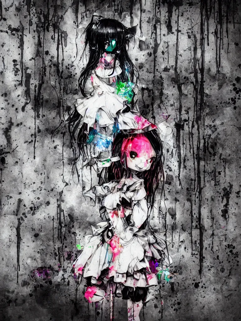 Image similar to cute fumo plush gothic black enigmatic maiden girl painted in spilt ink and washed watercolor, avant garde pop art, graffiti in an abandoned overgrown warehouse, vray