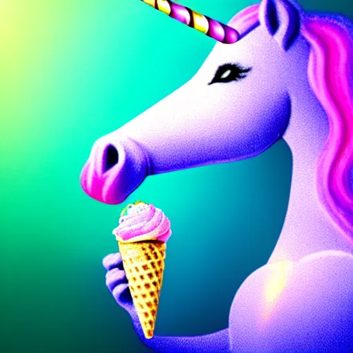 Image similar to an ultra high definition pastel coloured photograph of a magic unicorn with a glittery magic horn eating an ice cream. refraction, volumetric lighting iridescence.