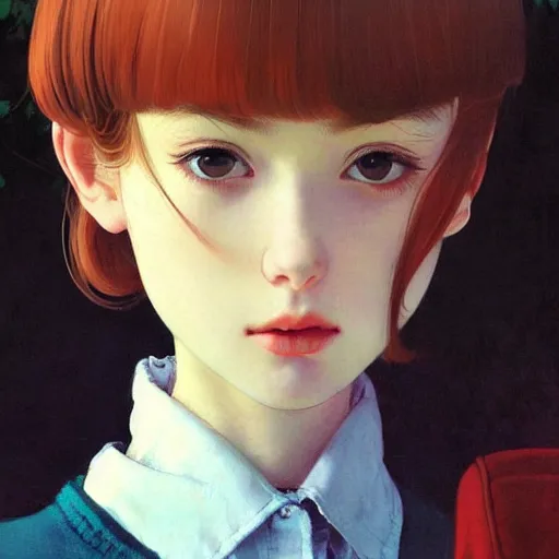 Image similar to beautiful photography, youth teen miserable loner girl, focus close on detesting eyes, soft skin, seventies giallo film by ilya kuvshinov monet range murata artgerm katsuhiro otomo norman rockwell, highly detailed intricately sharp focus, bedroom eyes trending on pinterest vogue italia 3 5 mm, 4 k uhd image