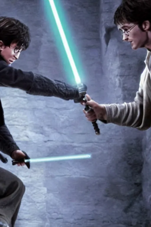 Image similar to Harry Potter fighting Voldermort with a lightsaber, Still from Star Wars,