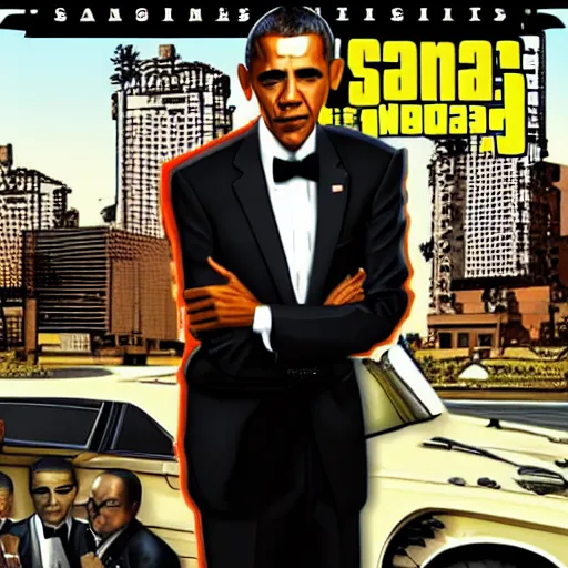 Prompt: Barack Obama Gangster wearing a Tuxedo on the cover of gta San Andreas