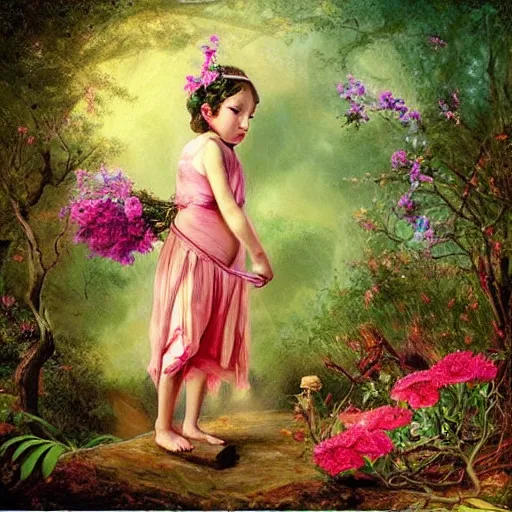 Prompt: “child girl goddess making a ritual with flowers in a magical forest, artwork”