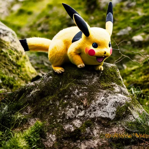 Image similar to photograph of a wild pikachu taken while hiking in the alps, 8k, nature photography