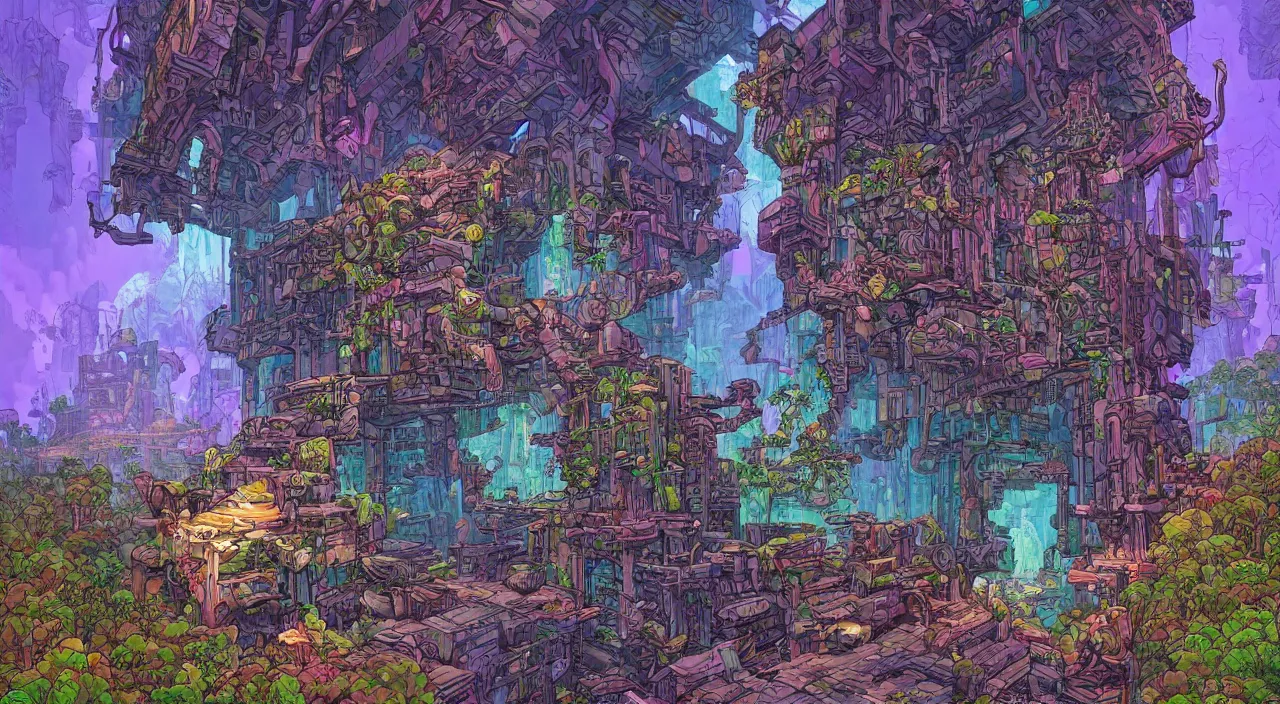 Image similar to open door wood wall fortress greeble block amazon jungle on portal unknow world ambiant fornite colorful deepdream that looks like it is from borderlands and by feng zhu and loish and laurie greasley, victo ngai, andreas rocha, john harris