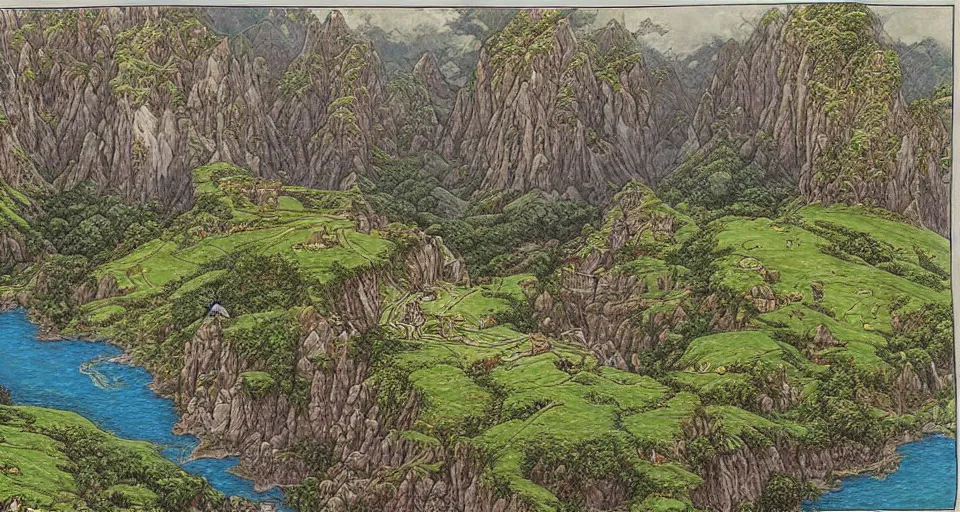 Image similar to Masterfully drawn mspaint art piece of middle-earth by James Gurney. Amazing beautiful incredible wow awe-inspiring fantastic masterpiece gorgeous fascinating glorious great.