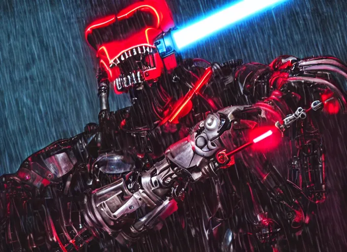 Image similar to portrait photo of general grievous with heavy duty biomechanical cybernetic body with 4 arms holding 4 activated red lightsabers in the rain. cyberpunk horror style.