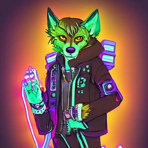 Image similar to beautiful commission digital art portrait commission of an androgynous furry anthro wolf wearing punk clothes in the streets of a cyberpunk city. neon signs. made by zaush, rick griffin, tessgarman, angiewolf, miles df, smileeeeeee, ethrk, fa, furraffinity