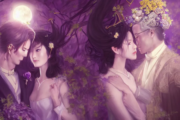 Image similar to a cinematic portrait of wedding photograph jpeg close up moment of a divine a japan sun god and moon goddess lovers magician at a wedding banquet. portraiture. digital painting. artstation. concept art. fantasy wedding photo. digital painting, 8 k realistic, hyper detailed, violet evergarden art masterpiece by art by krenz cushart