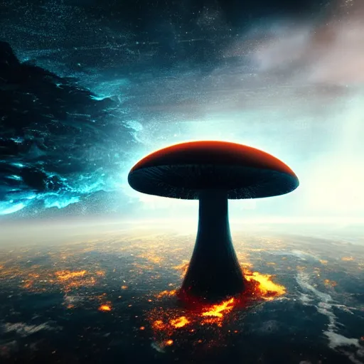 Image similar to a nuclear blast mushroom cloud on earth shattering doomsday seen from outer space comicbook style volumetric lighting birdeye view realistic 3d rendering octane render