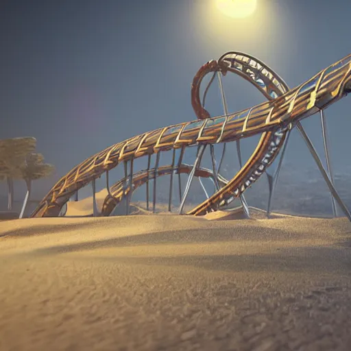 Prompt: roller coaster, liminal space, unreal engine, octane render, houdini