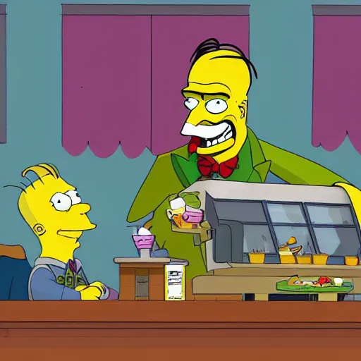 Image similar to heath ledgers joker giving ice cream to batman in the style of the simpsons, highly detailed, sharp image, 4 k