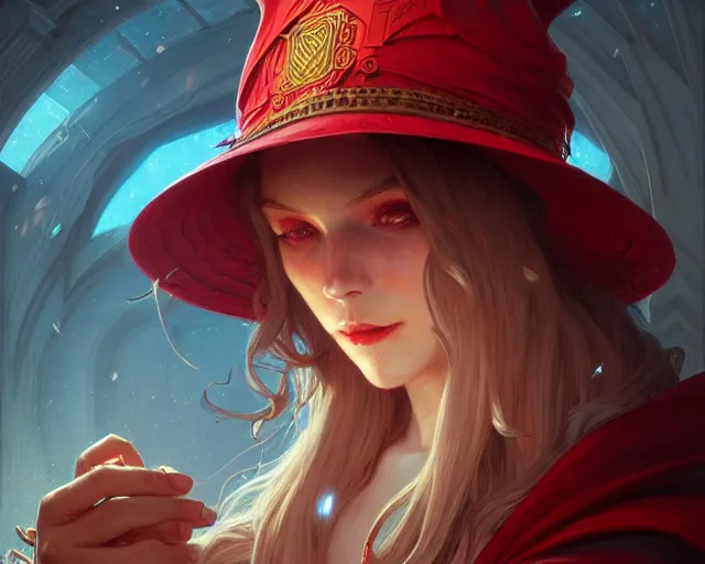 Image similar to red hat wizard, deep focus, d & d, fantasy, intricate, elegant, highly detailed, digital painting, artstation, concept art, matte, sharp focus, illustration, hearthstone, art by artgerm and greg rutkowski and alphonse mucha