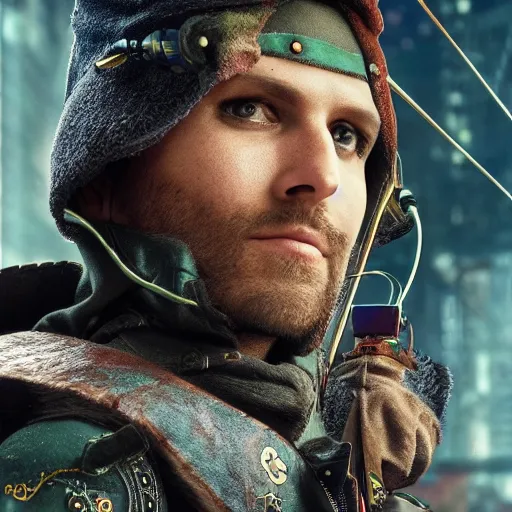 Image similar to photo of a cyberpunk robin hood warrior, highly detailed, 4k, HDR, award-winning photo