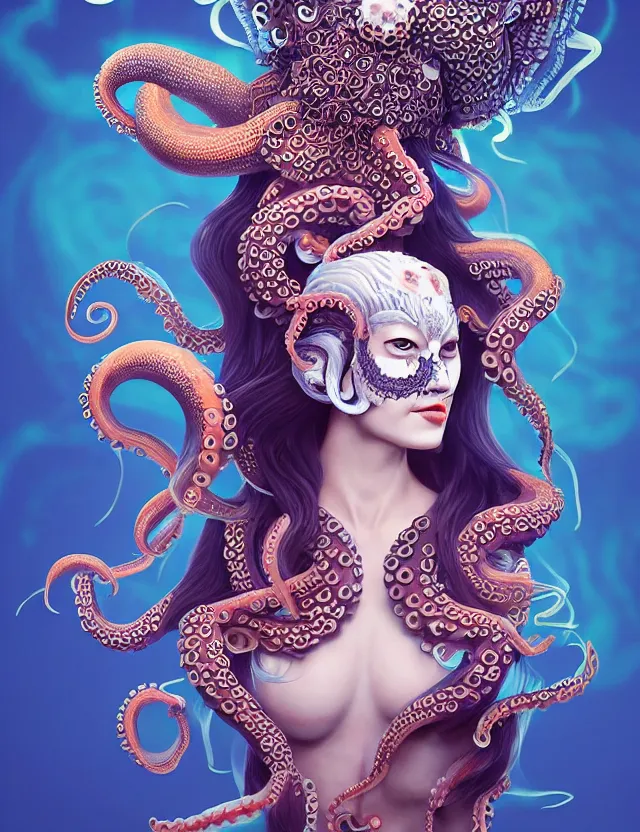 Image similar to 3 d goddess octopus half - turn portrait with long hair with ram skull. beautiful intricately detailed japanese crow kitsune mask and clasical japanese kimono. betta fish, jellyfish phoenix, bio luminescent, plasma, ice, water, wind, creature, artwork by tooth wu and wlop and beeple and greg rutkowski