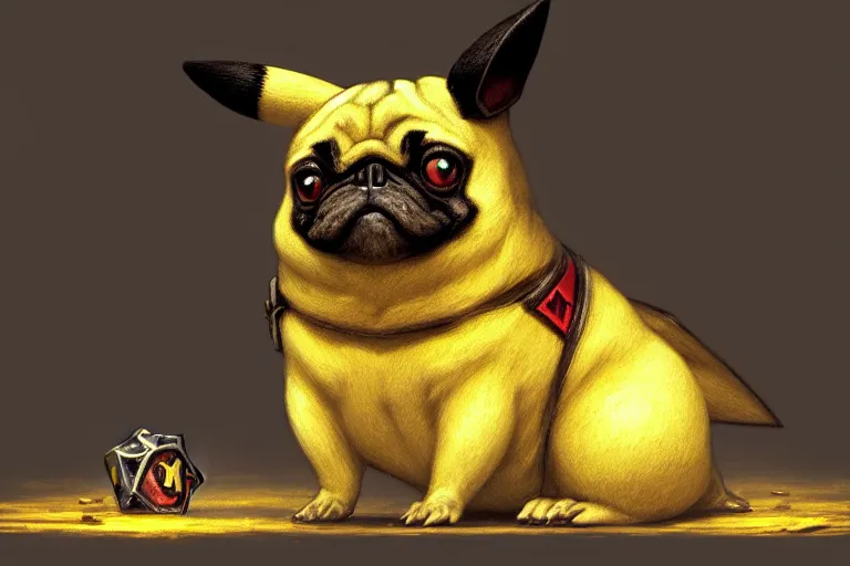 Image similar to photography of pikachu pug, deep focus, d & d, intricate, elegant, highly detailed, digital painting, artstation, concept art, matte, sharp focus, illustration, hearthstone, art by artgerm and greg rutkowski and alphonse mucha