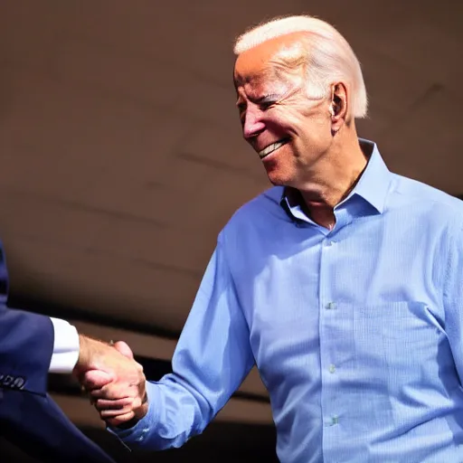 Prompt: joe biden shaking hands with joe biden both grinning, picture, realistic