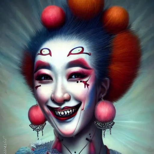 Image similar to ultra realist soft painting of a single attractive asian female clown with makeup big smile croocked teeth in a long dress, curiosities carnival, symmetry accurate features, very intricate details, focus, curvy, artstyle by Tom Bagshaw, award winning