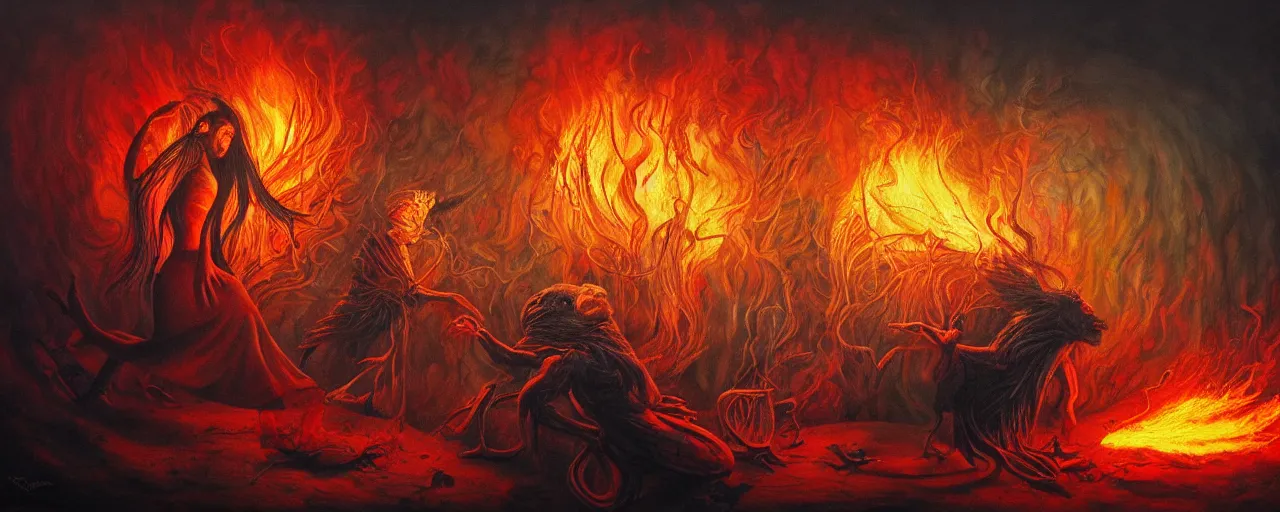 Image similar to wild emotion and thought creatures repressed in the depths unconscious of the psyche lead by baba yaga, about to rip through and escape in a extraordinary revolution, dramatic fire glow lighting, surreal painting by ronny khalil