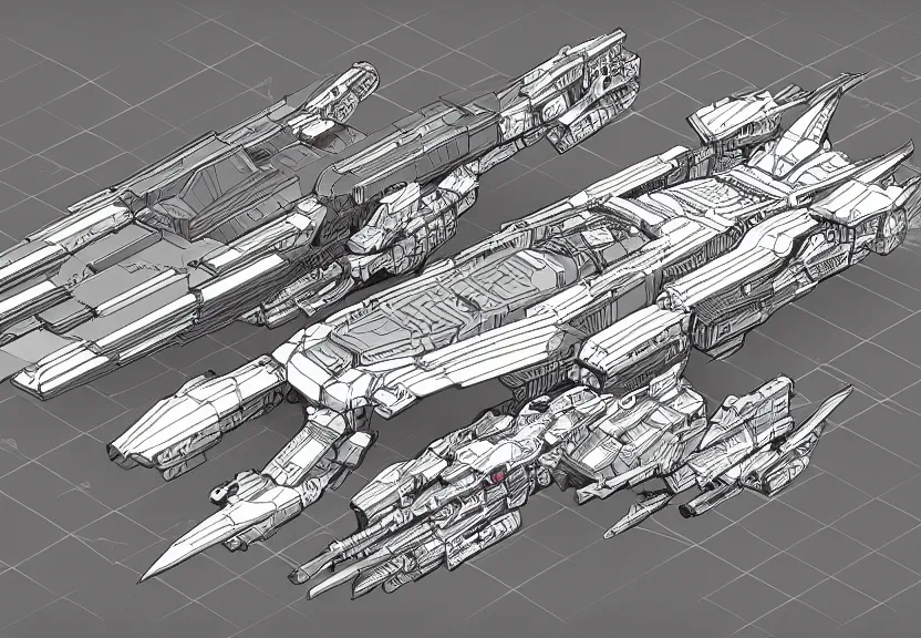 Prompt: isometric digital technical drawing of a spaceship wearing mecha armour by sparth line art, anime technical drawing