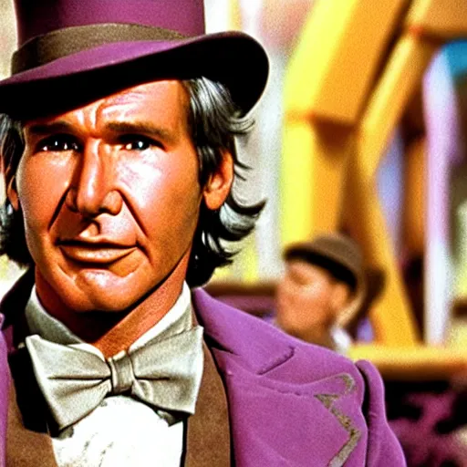 Prompt: A still of Harrison Ford in Willy Wonka