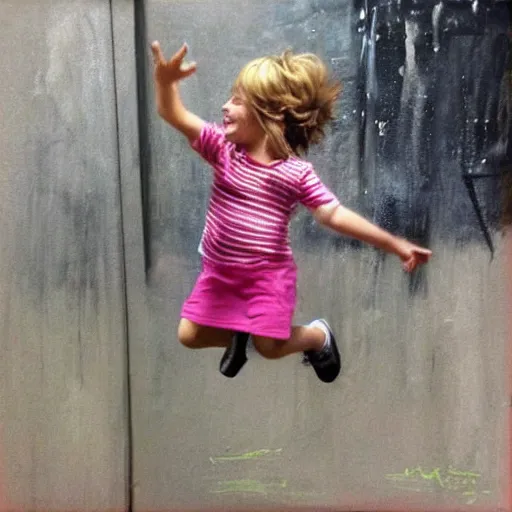 Prompt: a child jumping happily in the style of guy denning