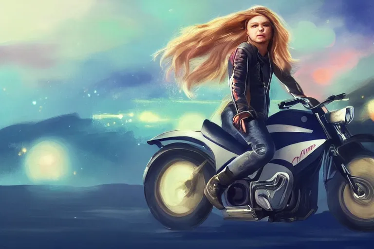 Image similar to chloe grace moretz is riding a motorbike, digital painting, artstation, the space background, concept art, illustration,