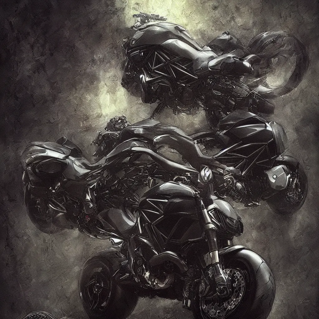 Image similar to ducati diavel. dark colors. menacing. haunting. frightening. trending on artstation. award winning. artgem. greg rutkowski. beksinski. extremely detailed. 4 k.