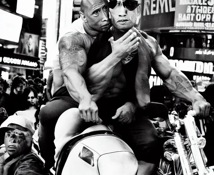 Image similar to Dwayne the Rock Johnson riding on the back of Adam Sandler, doing Methamphetamine at Times Square, photograph by Alfred Eisenstaedt, 4K, dramatic lighting; 4K 8K