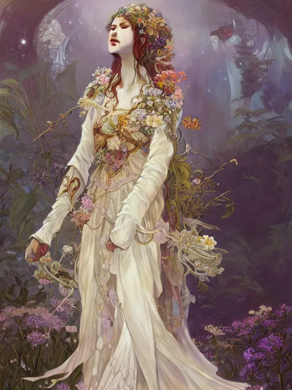 Image similar to Full view Ethereal Floralpunk elysian Maiden of radiant light wearing ivory dress made of stardust masterpiece 4k digital illustration by Ruan Jia and Mandy Jurgens, award winning, Artstation, art nouveau aesthetic, Alphonse Mucha background, intricate details, realistic, panoramic view, Hyperdetailed, 8k resolution, intricate art nouveau