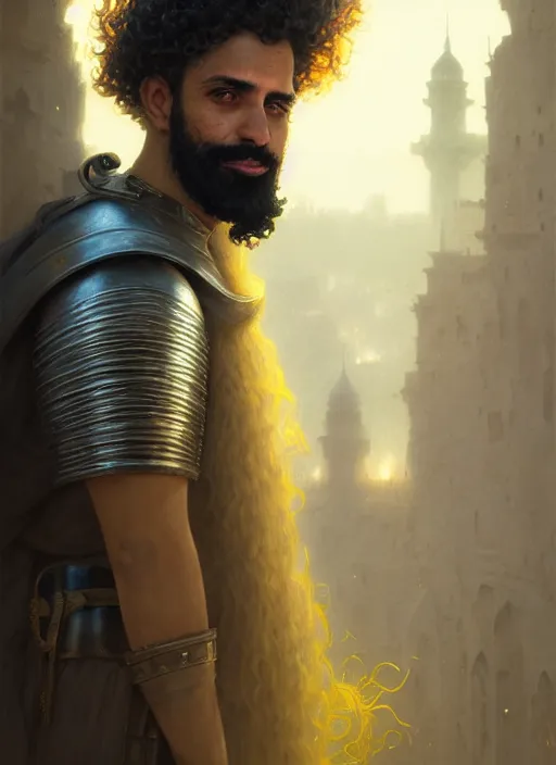 Prompt: highly detailed portrait arab man curly hair knight, hero, yellow charcoal, stephen bliss, 8 k, unreal engine, fantasy art by greg rutkowski, loish, rhads, ferdinand knab, makoto shinkai and lois van baarle, ilya kuvshinov, rossdraws, tom bagshaw, global illumination, radiant light, detailed and intricate environment