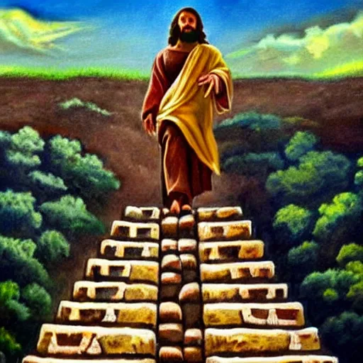 Image similar to a beautiful painting of jesus walking down a mayan pyramid