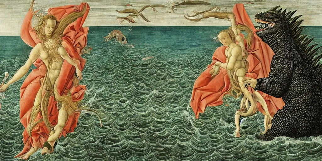 Image similar to godzilla emerging from the seas by sandro botticelli, painting