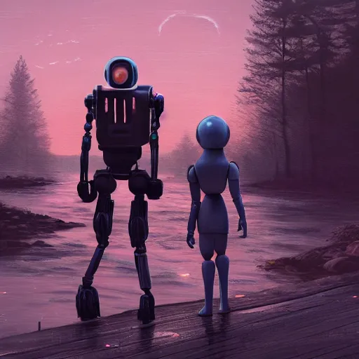 Image similar to Beautiful cinematic scene of a couple of two damaged and broken humanoid robots holding hands near a river, at night, peaceful, science fiction, award-winning, cinematic lighting, insanely detailed, very realistic, Artstation, Cgsociety, by Simon Stalenhag, directed by Denis Villeneuve, filmic