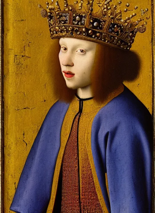 Prompt: portrait of a young man who is a king with a crown, medieval painting by Jan van Eyck, Johannes Vermeer, Florence