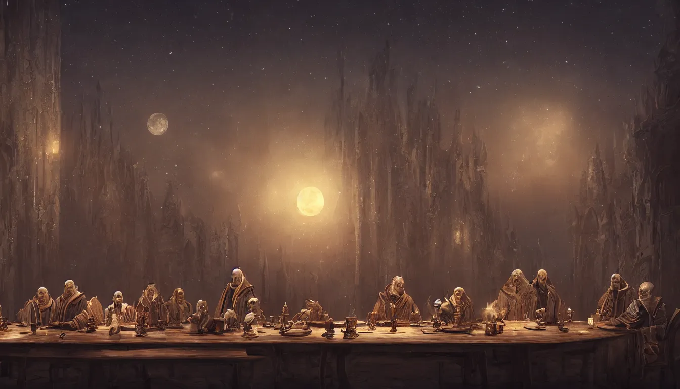 Image similar to A meeting of the council of elders, robed figures sat around a table, beautiful architecture, night time, stars visible, beautiful moon light, concept art, fantasy art, digital art by michal karcz, trending on artstation, highly detailed, 8k
