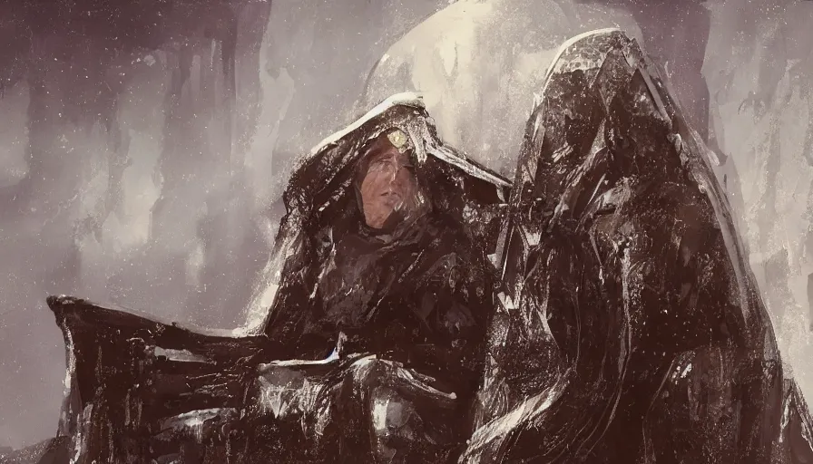 Image similar to A Big Enigmatic Hooded Being sits on his throne, low angle shot, concept art, denis villeneuve